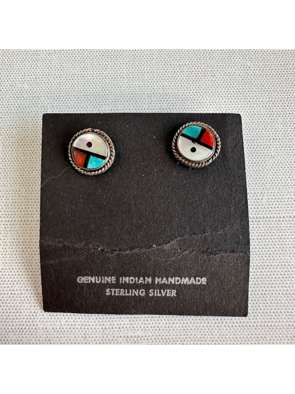 Zuni Sun Face Inlay Stud Earrings Sterling Silver Turquoise Coral Jet MOP